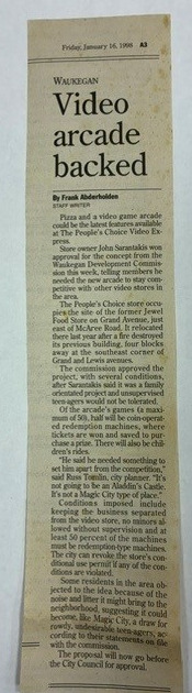 A January 1998 News-Sun clipping about City Council approval of the Family Fun Center expansion inside People’s Choice Video Express at 2411 Grand Avenue.