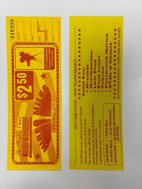 A 2000 Video Miles Rewards Certificate from People’s Choice Video Express and Family Fun Center.