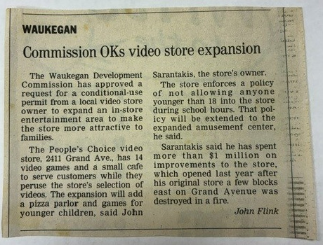 A 1998 newspaper clipping documenting the Waukegan Development Commission approval for People’s Choice Video Express to expand into a Family Fun Center.