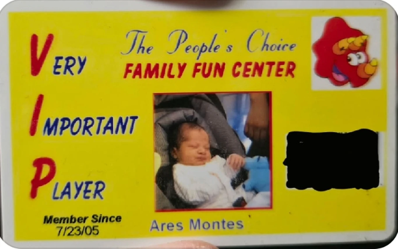 A People’s Choice Family Fun Center Very Important Player card issued to Ares Montes, member since 7/23/05, showing a newborn photo.
