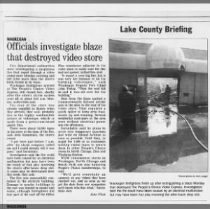 A 1997 newspaper clipping documenting the fire that destroyed the People’s Choice Video Express at 1811 Grand Avenue.