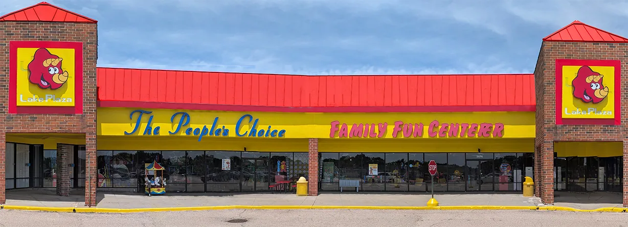 A June 2026 panorama of the People’s Choice Family Fun Center Arcade at 2676 Belvidere Road.
