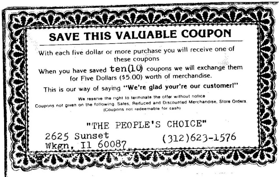 The 1982 People’s Choice Save This Valuable Coupon loyalty coupon listing the ten-coupon exchange offer and the 2625 Sunset Avenue address.