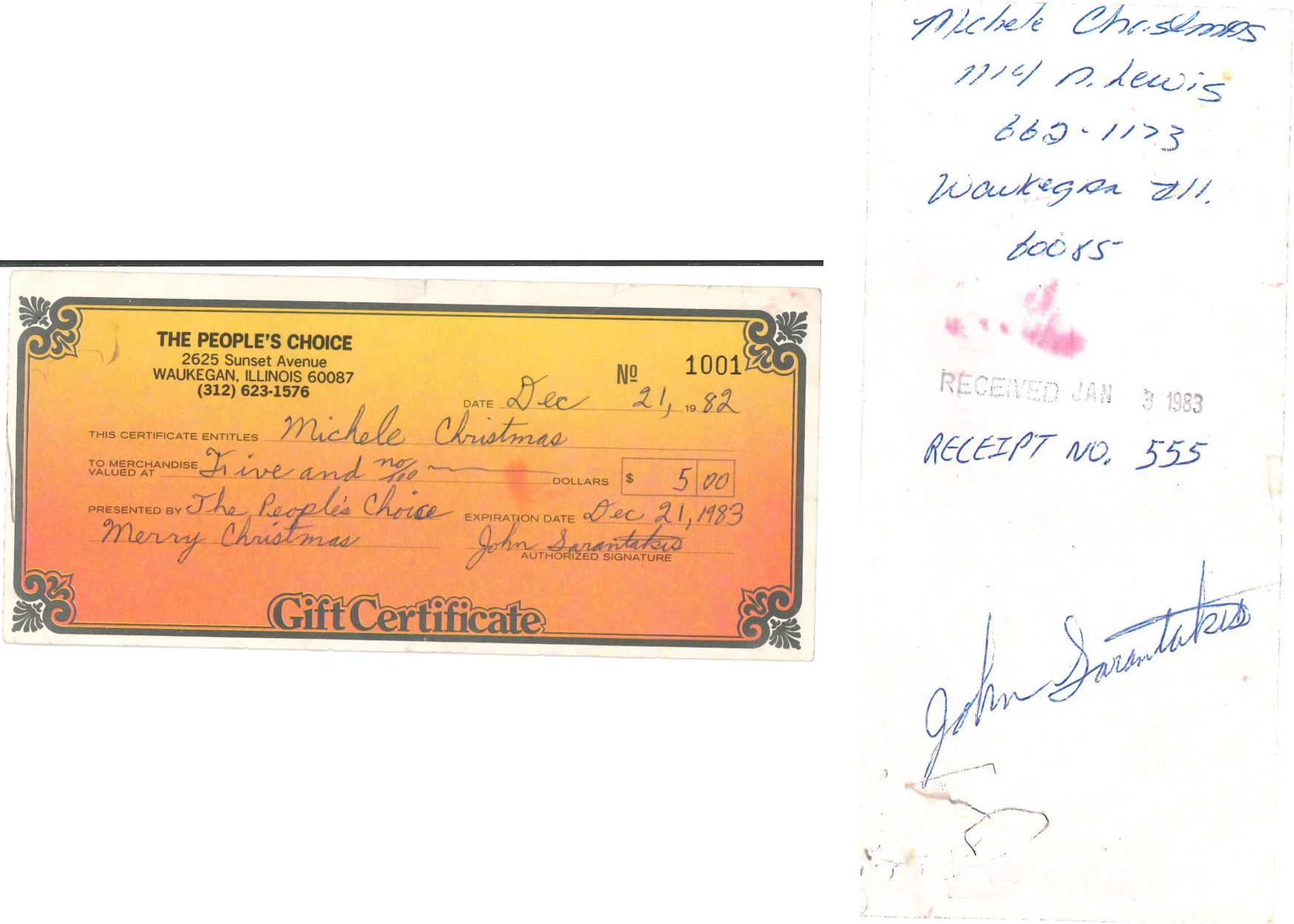 The People’s Choice gift certificate No. 1001 dated December 21, 1982, for five dollars in merchandise, with the redemption receipt on the reverse.