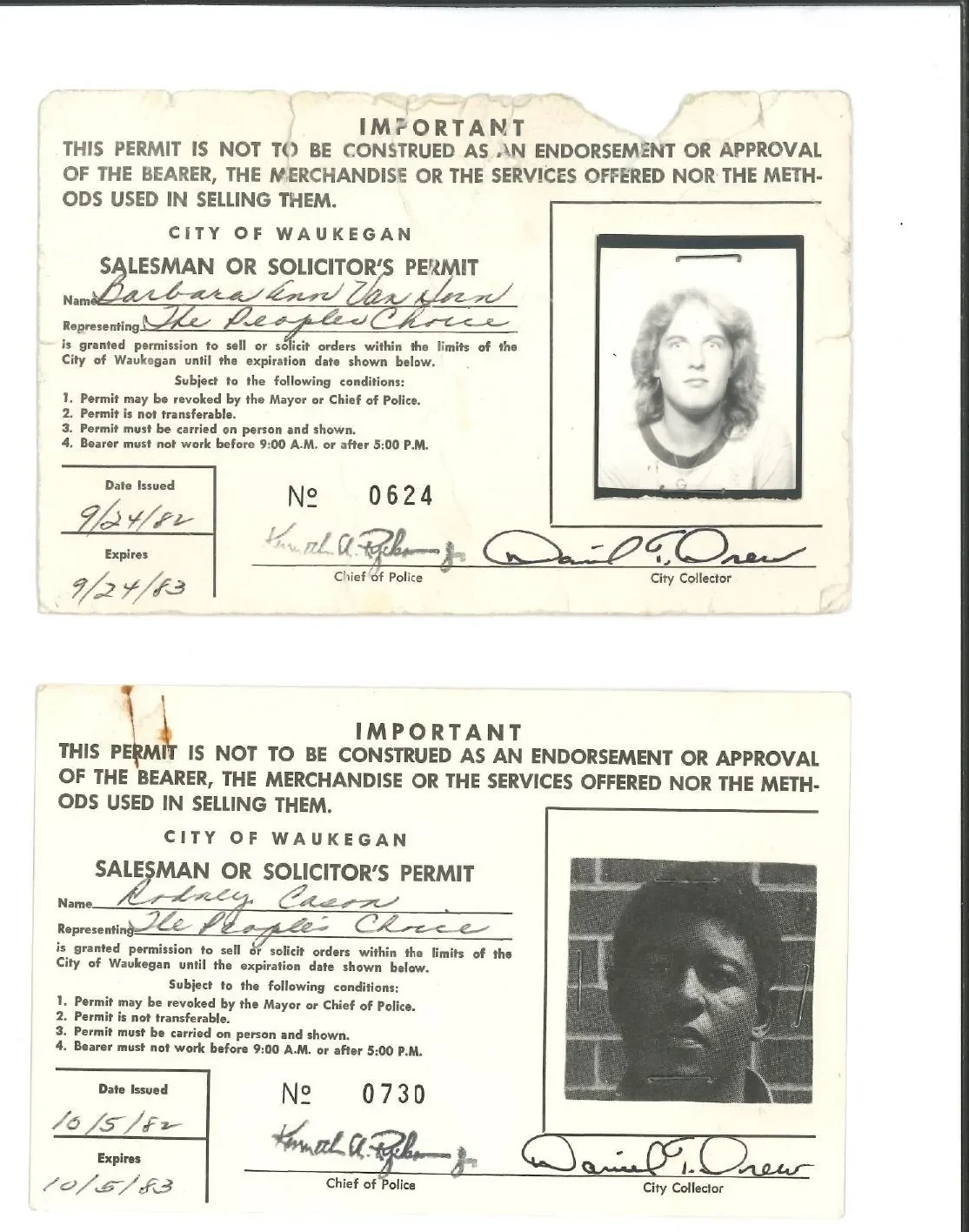 Two 1982 City of Waukegan salesman or solicitor’s permits issued to People’s Choice employees Barbara Ann Van Horn and Rodney Cason.