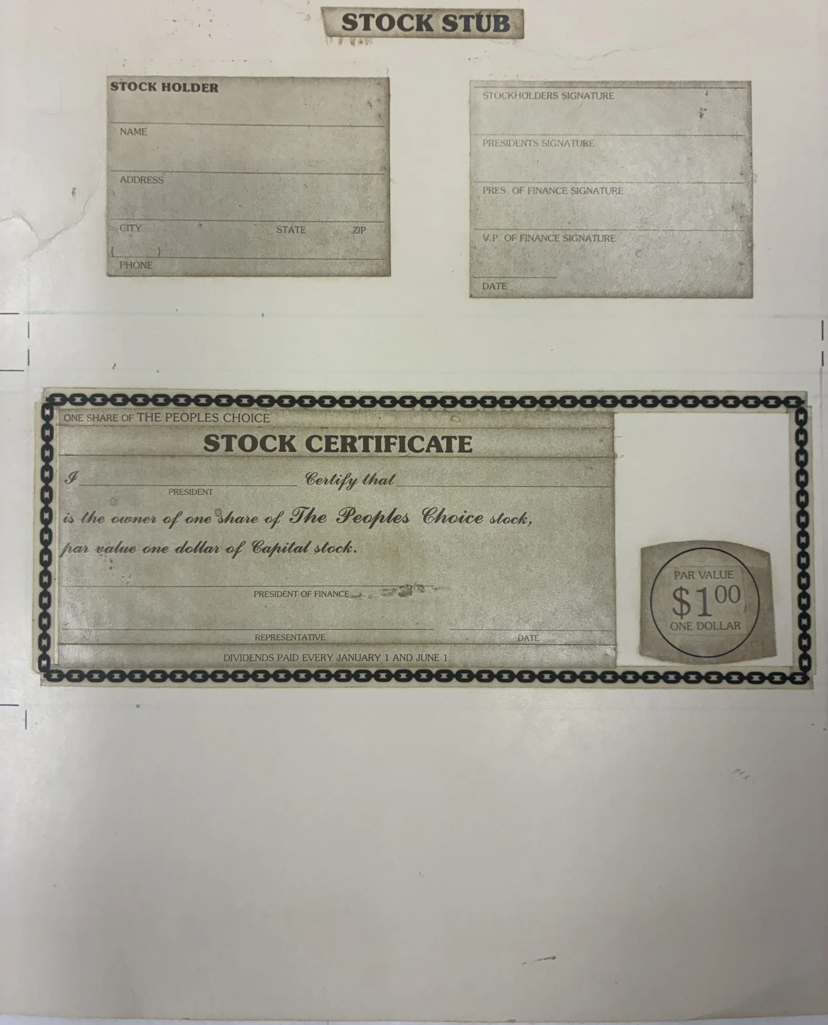 The original draft template of The People’s Choice stock certificate, showing the one-dollar par value certificate with stock holder and stock stub panels.