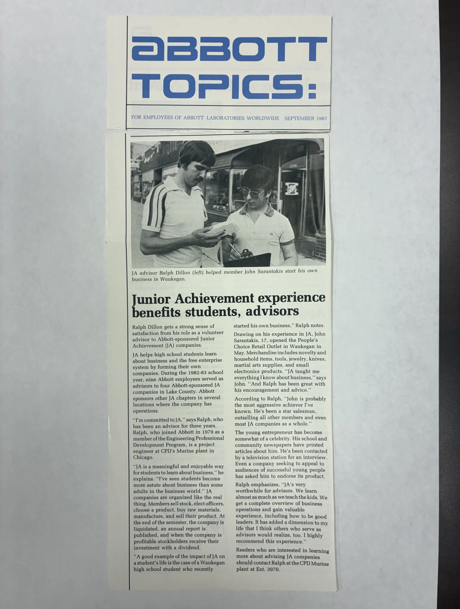 The September 1983 Abbott Topics employee newsletter article about Junior Achievement advisor Ralph Dillon and John Sarantakis.
