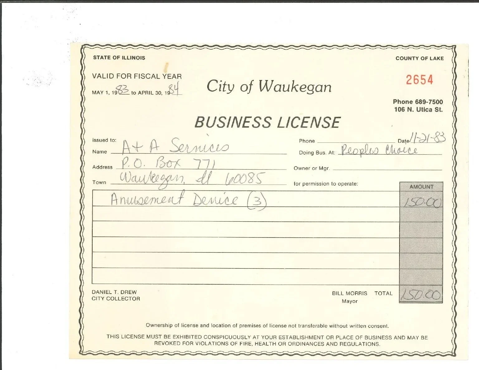The November 1983 City of Waukegan business license for amusement devices at People’s Choice.