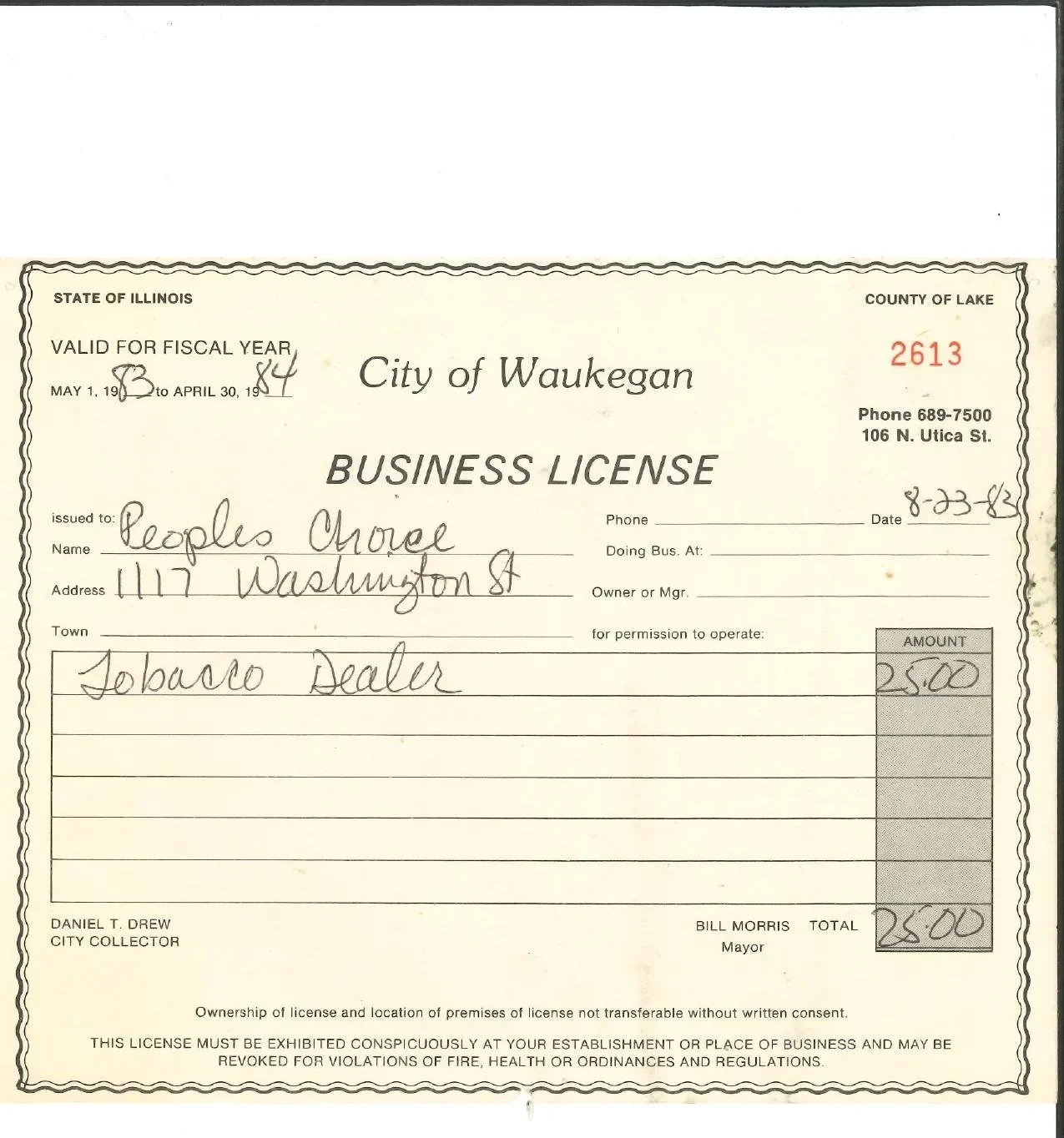 The August 23, 1983 City of Waukegan business license issued to Peoples Choice at 1117 Washington Street.