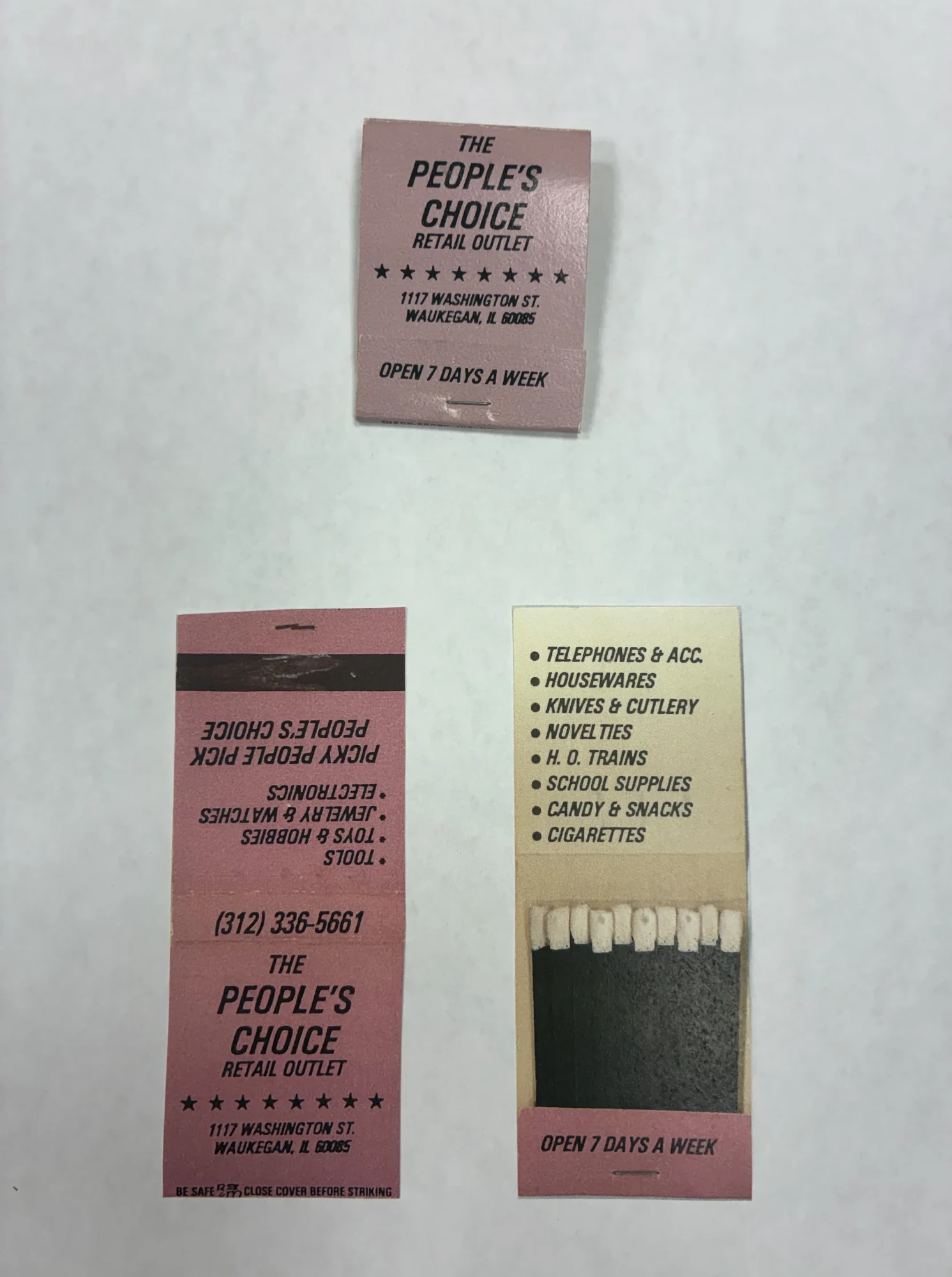 Three 1983 pink People’s Choice Retail Outlet paper match books, front, inside, and back, listing merchandise categories.