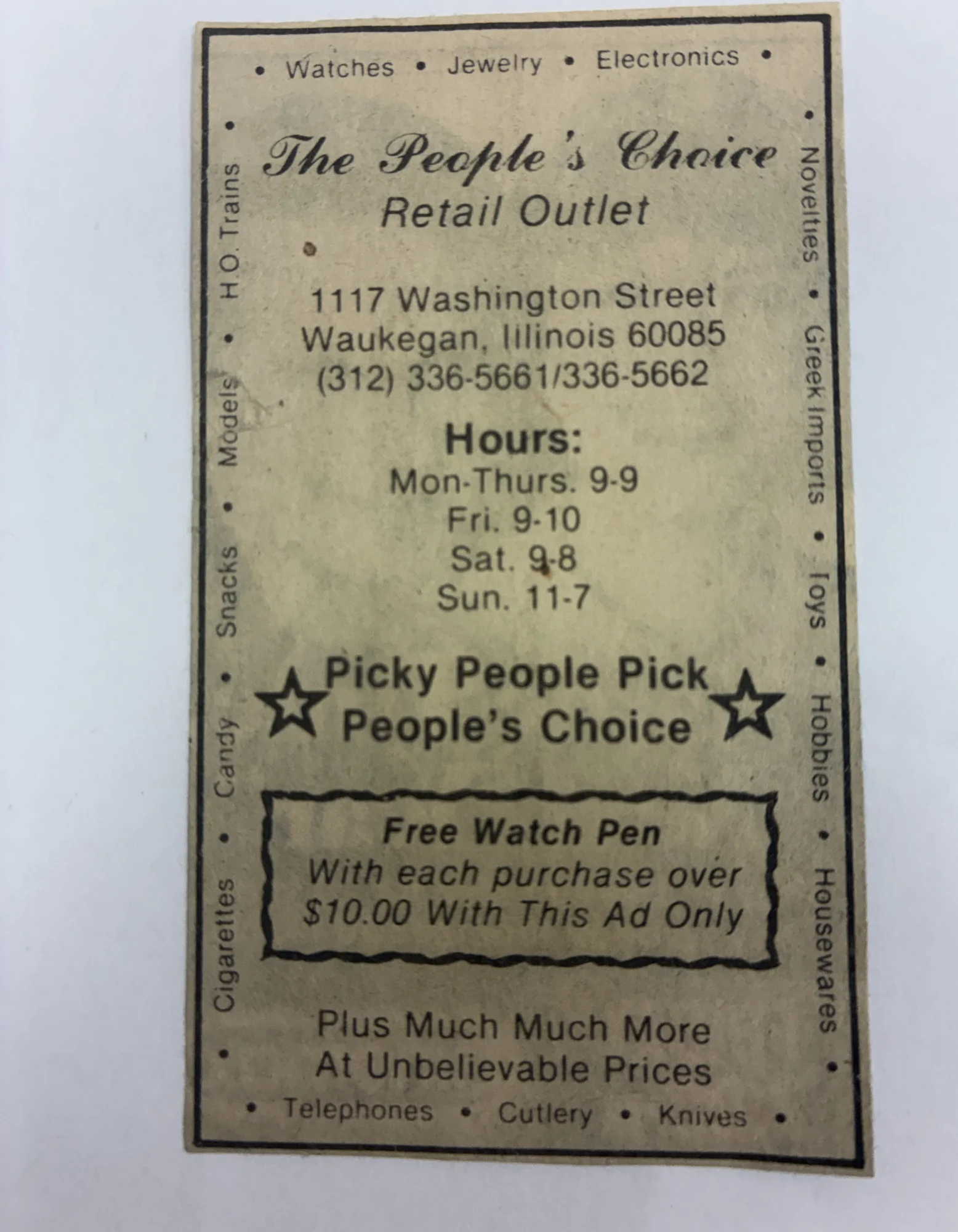 The actual 1983 two-inch by four-inch People’s Choice Retail Outlet newspaper advertisement with hours and the free watch pen offer.