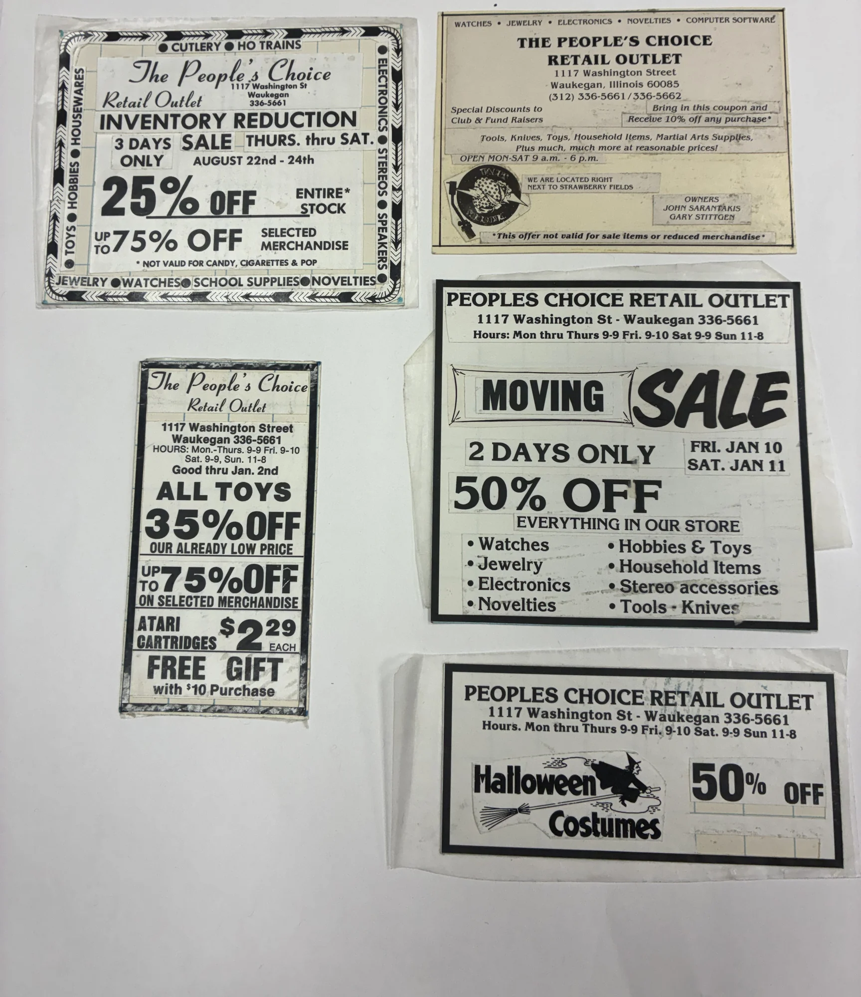 A 1983 sheet of People’s Choice Retail Outlet newspaper ad layouts prepared by Judy’s type setting service.
