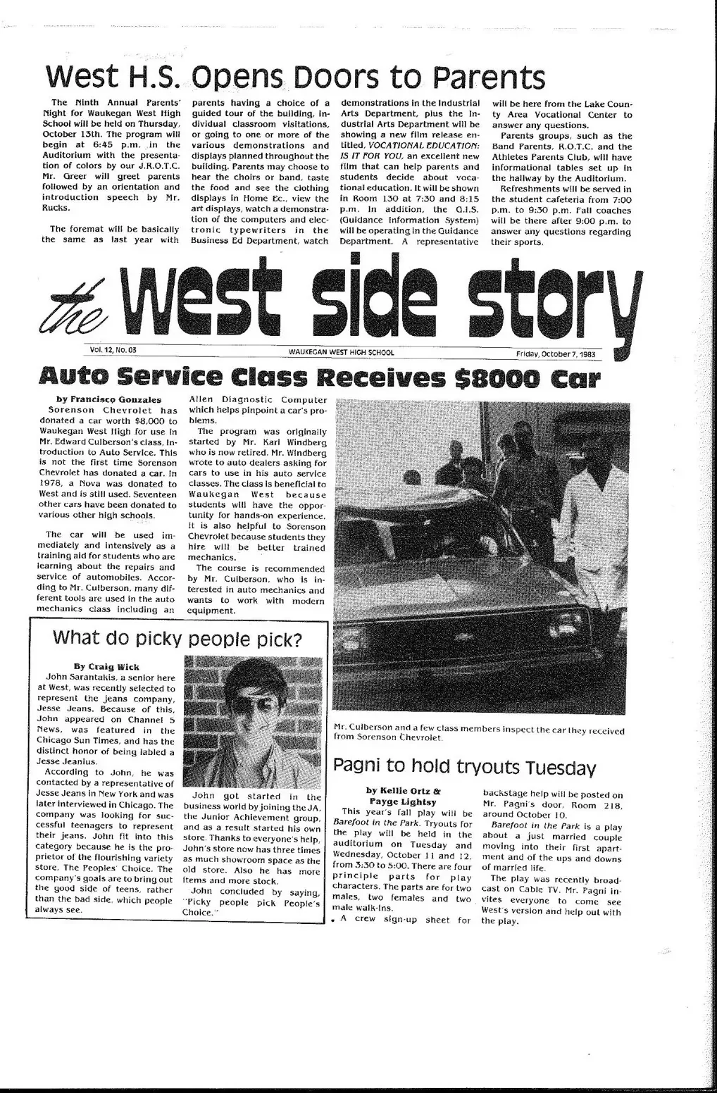 The October 7, 1983 West Side Story high school newspaper page featuring John Sarantakis in the What do picky people pick? article.