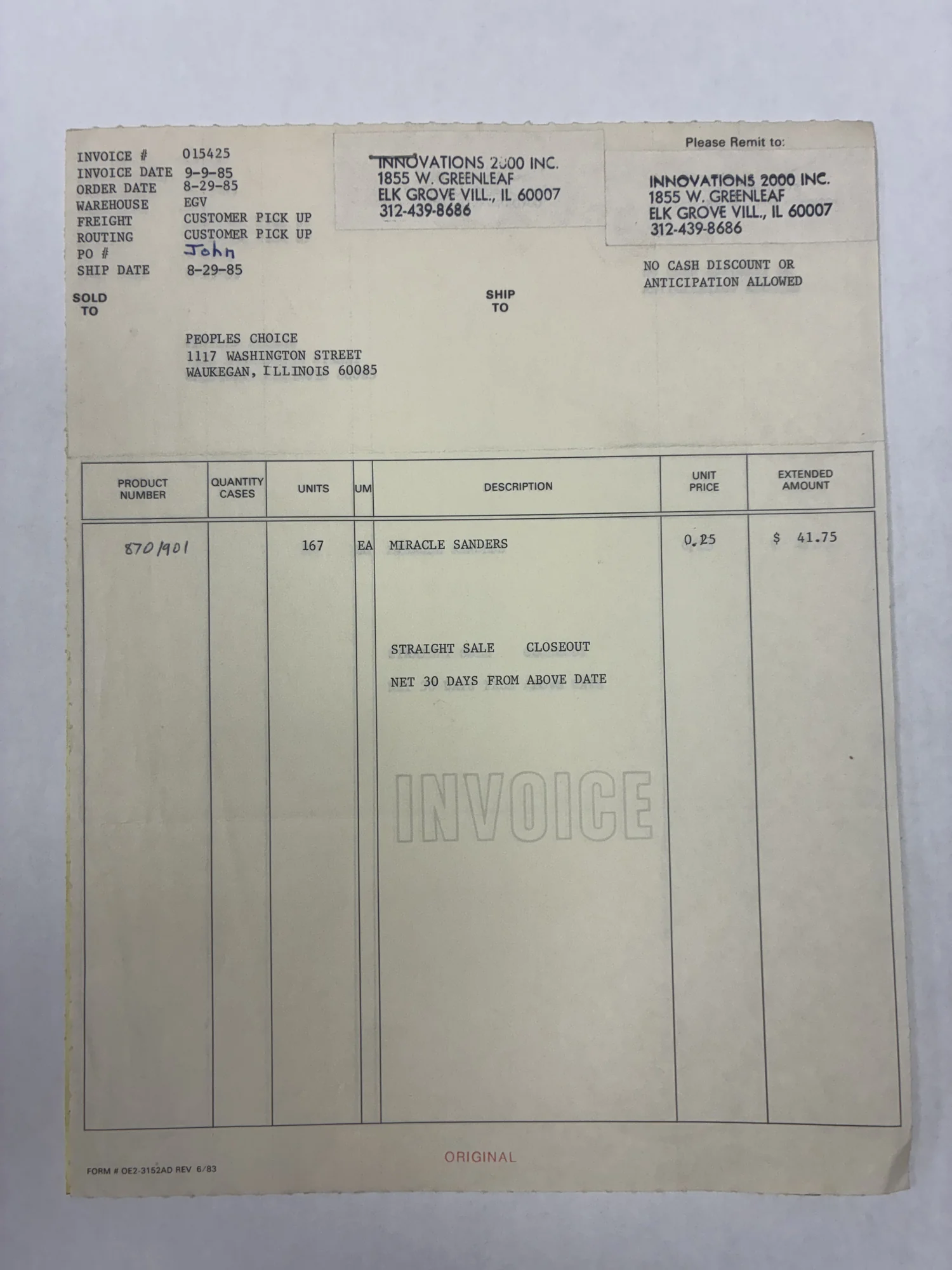 A September 9, 1985 Innovations 2000 invoice billed to Peoples Choice, 1117 Washington Street, Waukegan, for 167 Miracle Sanders.