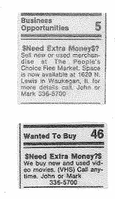 Two 1986 newspaper classified ads for The People’s Choice Flea Market space rental and used V.H.S. movie buying.