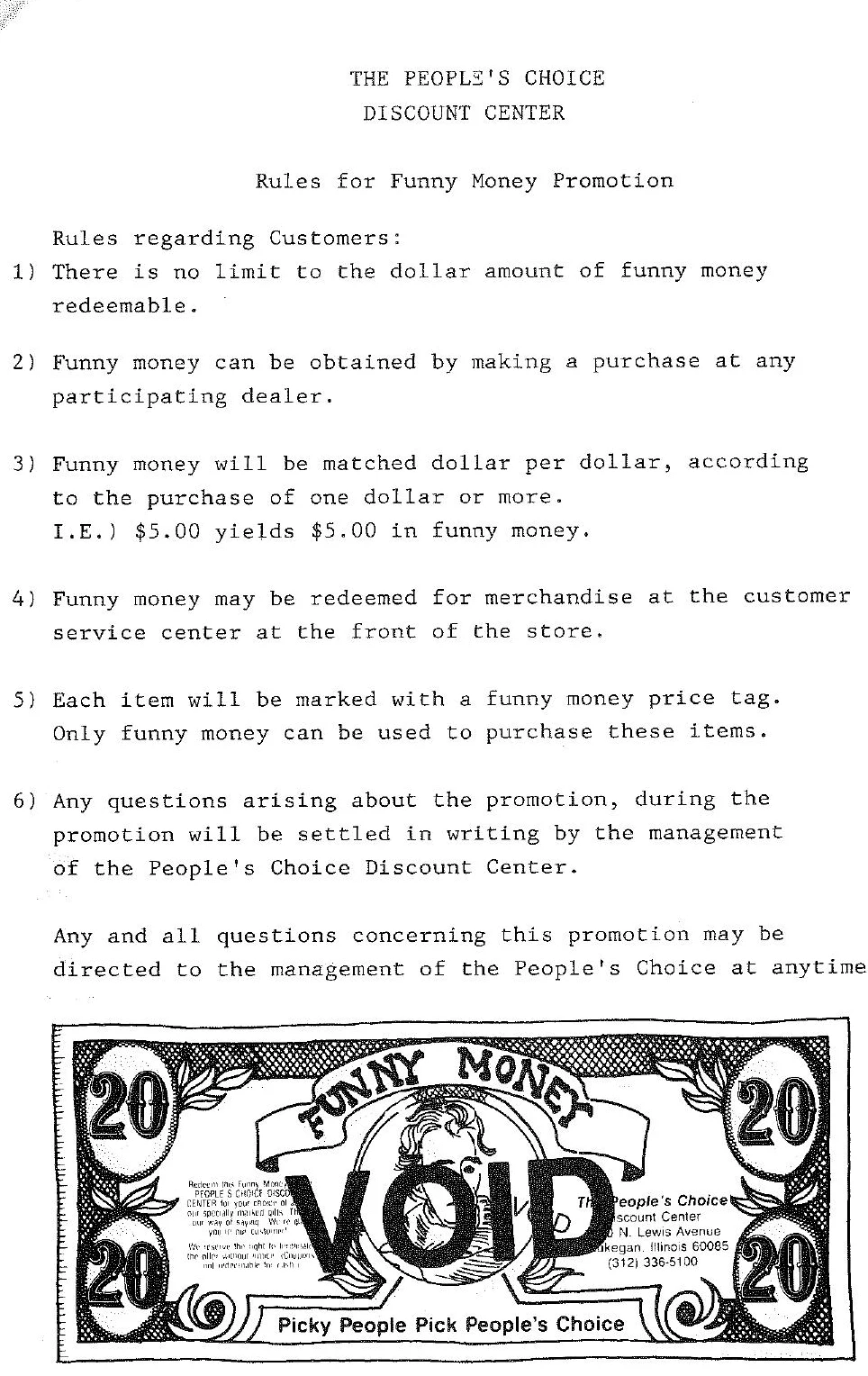 The typed 1986 rules for The People’s Choice Discount Center Funny Money promotion, with a VOID sample $20 Funny Money note printed below.