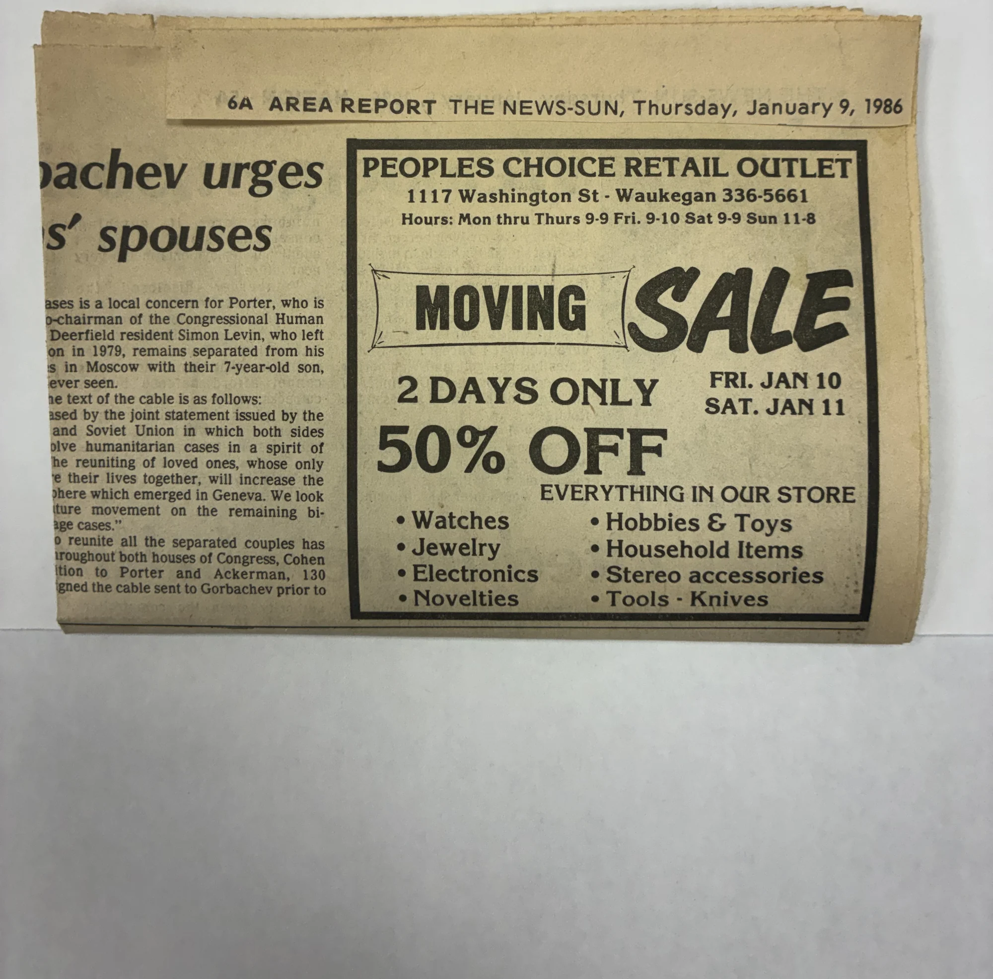 The January 9, 1986 News-Sun advertisement announcing a two-day 50% off moving sale at Peoples Choice Retail Outlet, 1117 Washington Street.