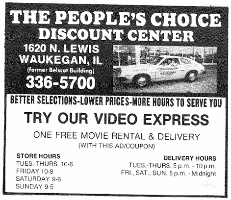 A June 1986 What’s Happening Magazine ad for The People’s Choice Discount Center at 1620 N. Lewis, showing the Video Express delivery car and one free movie rental offer.
