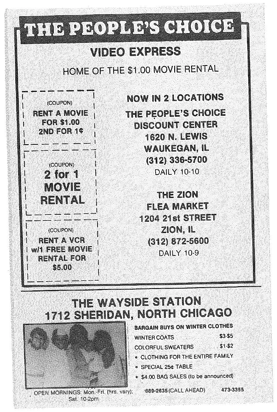 An October 1986 What’s Happening ad for The People’s Choice Video Express with three coupons and two store locations.