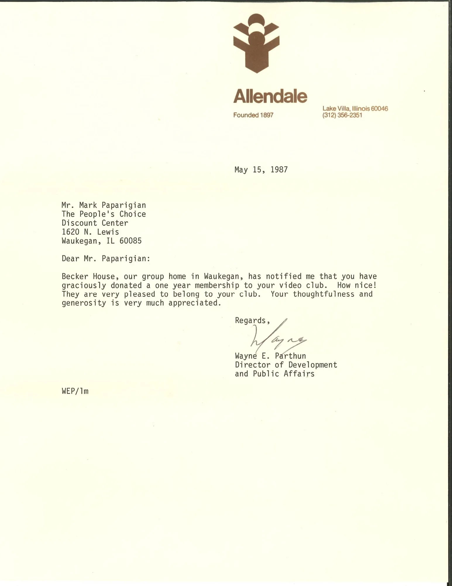 A May 15, 1987 letter from Allendale in Lake Villa, Illinois thanking The People’s Choice Discount Center for donating a one-year video club membership to Becker House.