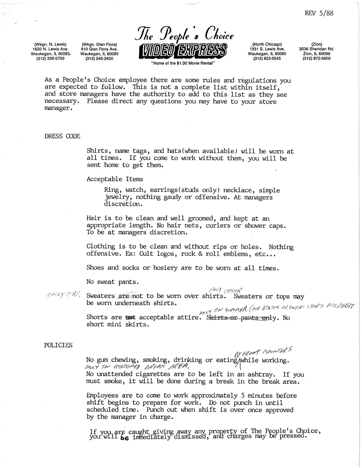 Handbook page listing the four People’s Choice Video Express store addresses, dress code, and policies, with handwritten notes.