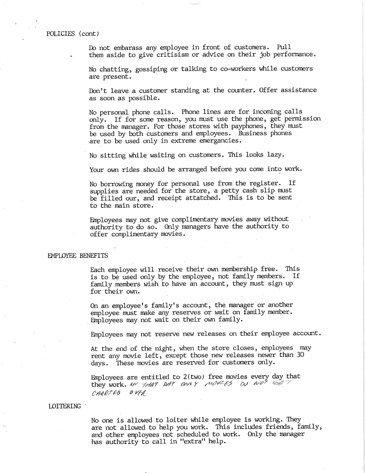 Handbook page continuing store policies, employee benefits, and loitering rules.