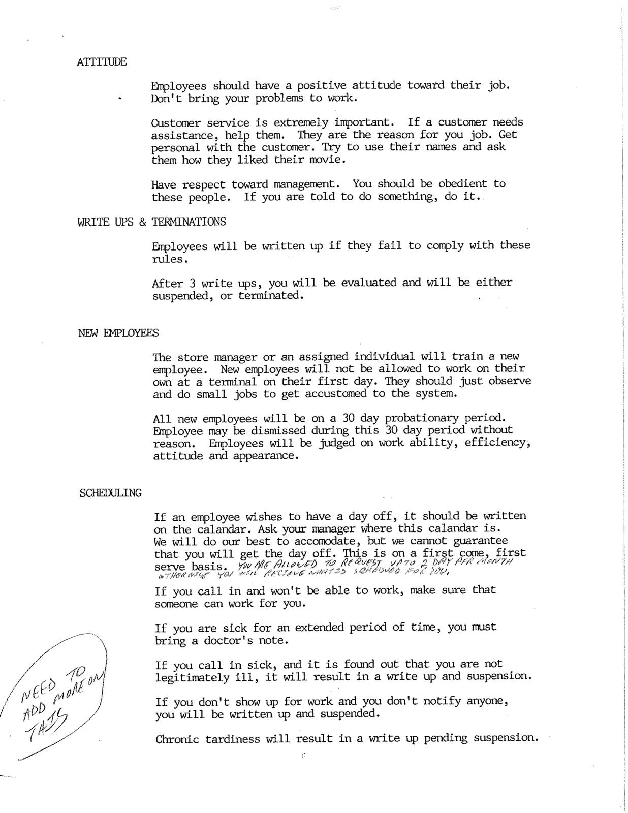 Handbook page covering attitude, write ups and terminations, new employees, and scheduling.