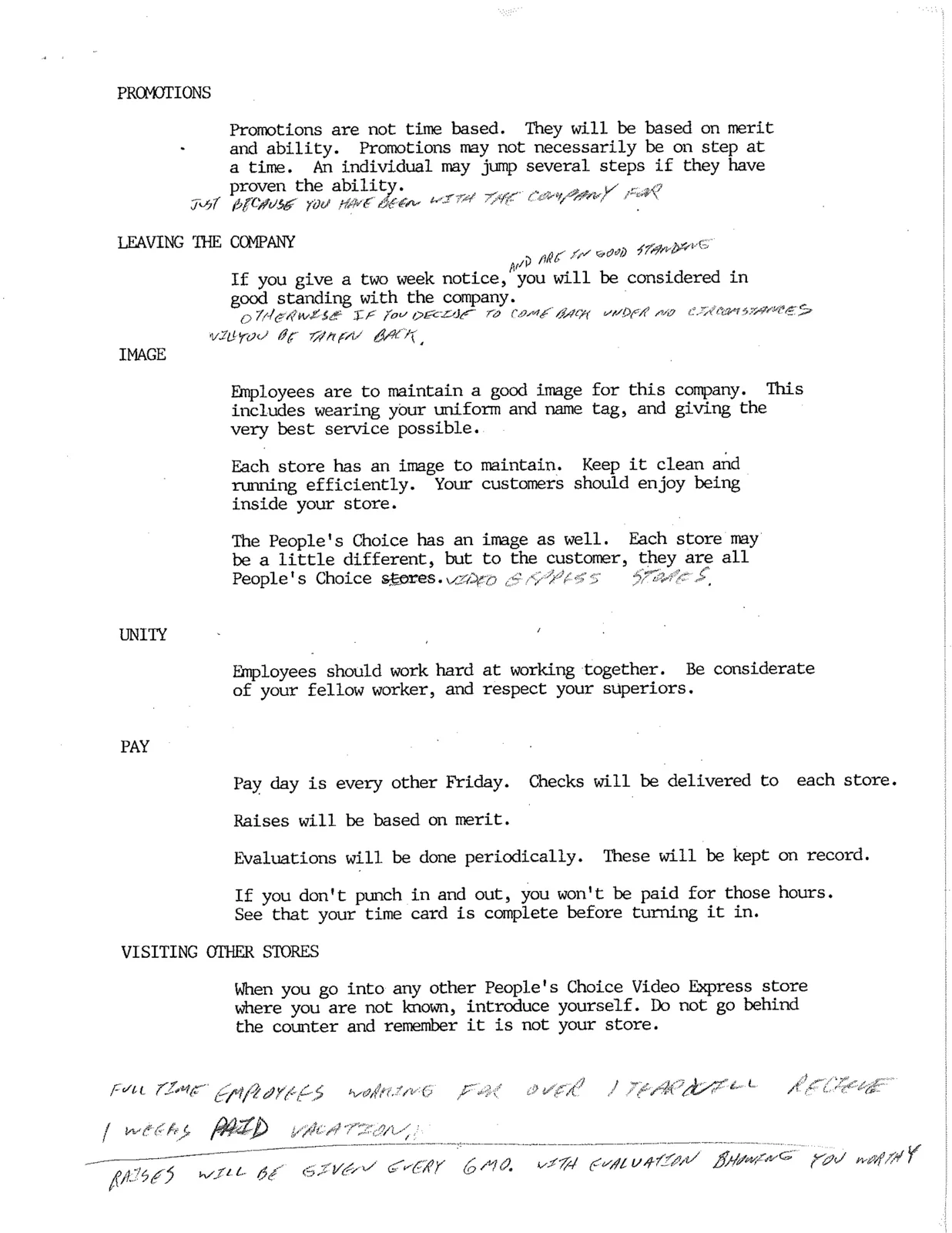 Handbook page covering promotions, leaving the company, image, unity, pay, and visiting other stores.