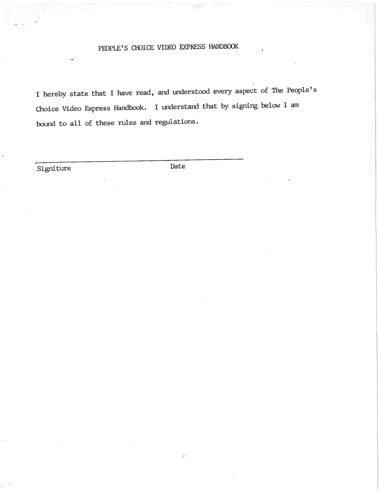 The signature page of The People’s Choice Video Express handbook, with lines for signature and date.