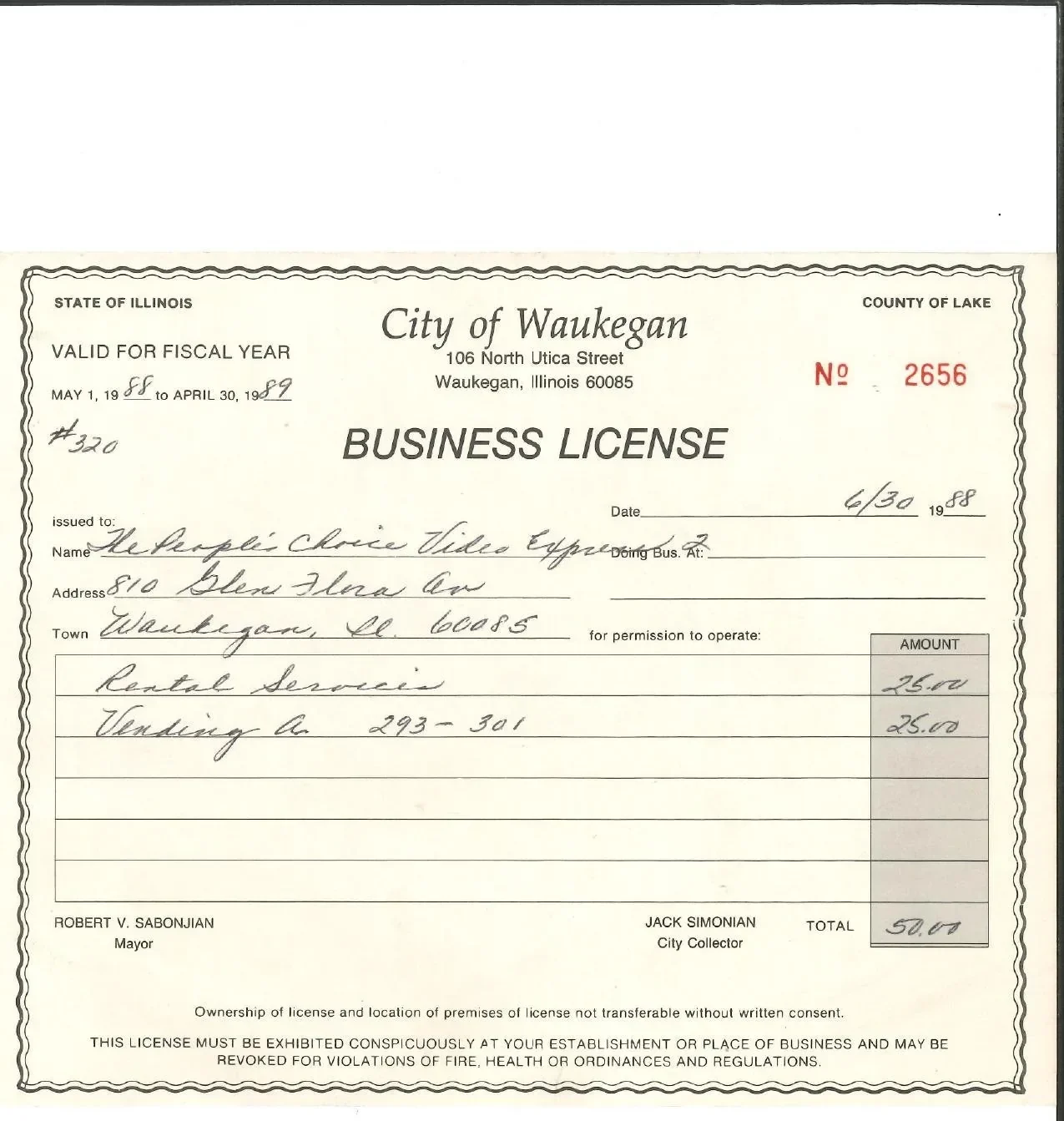 The June 30, 1988 City of Waukegan business license for The People’s Choice Video Express at 810 Glen Flora Avenue.