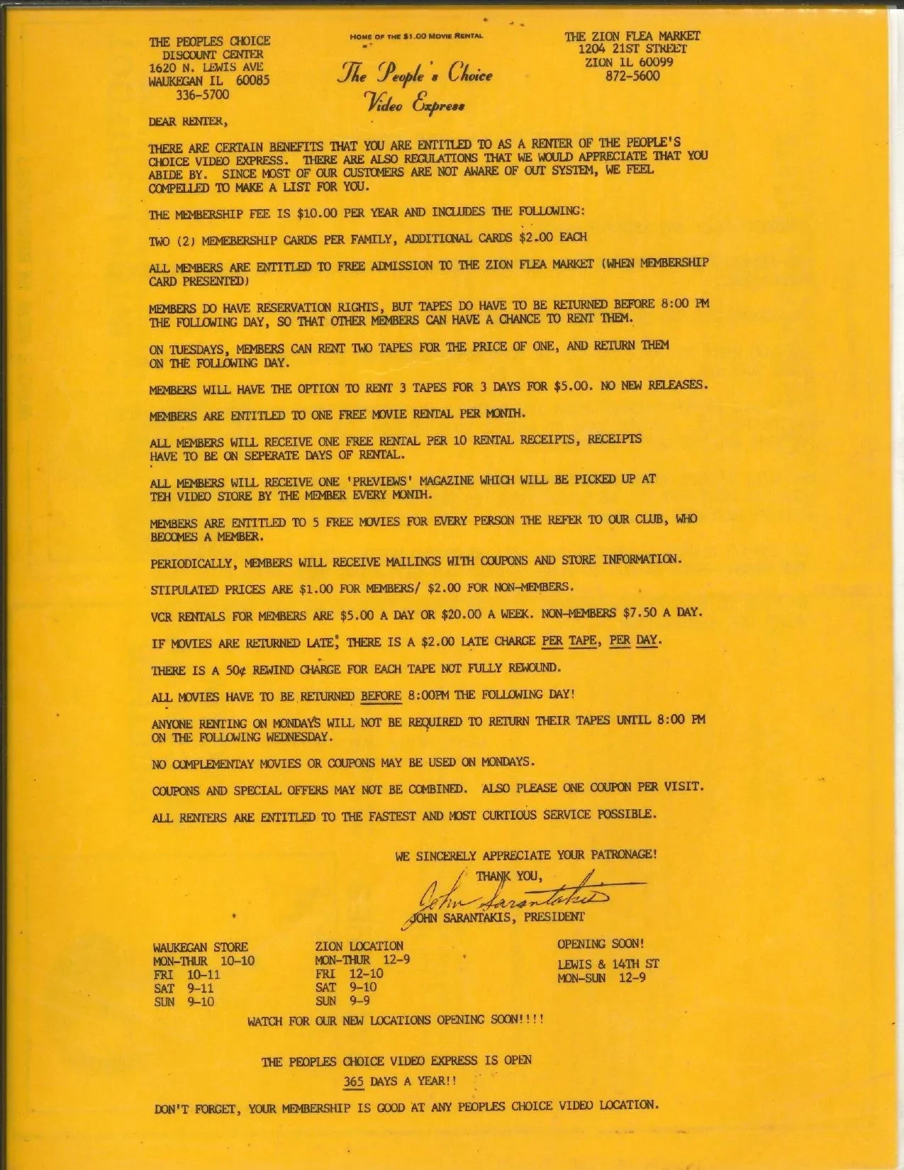 A 1988 People’s Choice Video Express membership benefits letter signed by John Sarantakis, president.