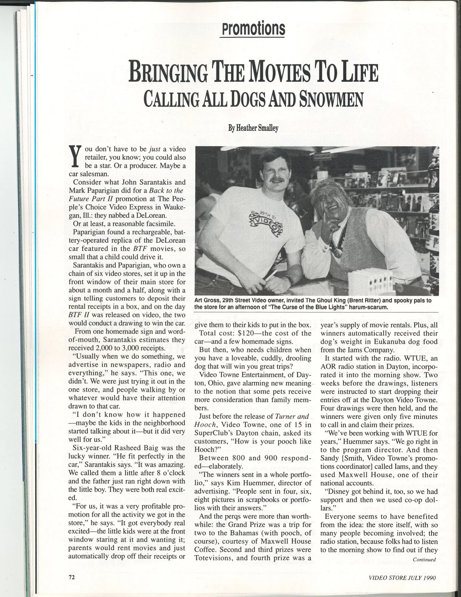 A July 1990 Video Store Magazine Promotions feature describing the People’s Choice Video Express Back to the Future Part II DeLorean giveaway.