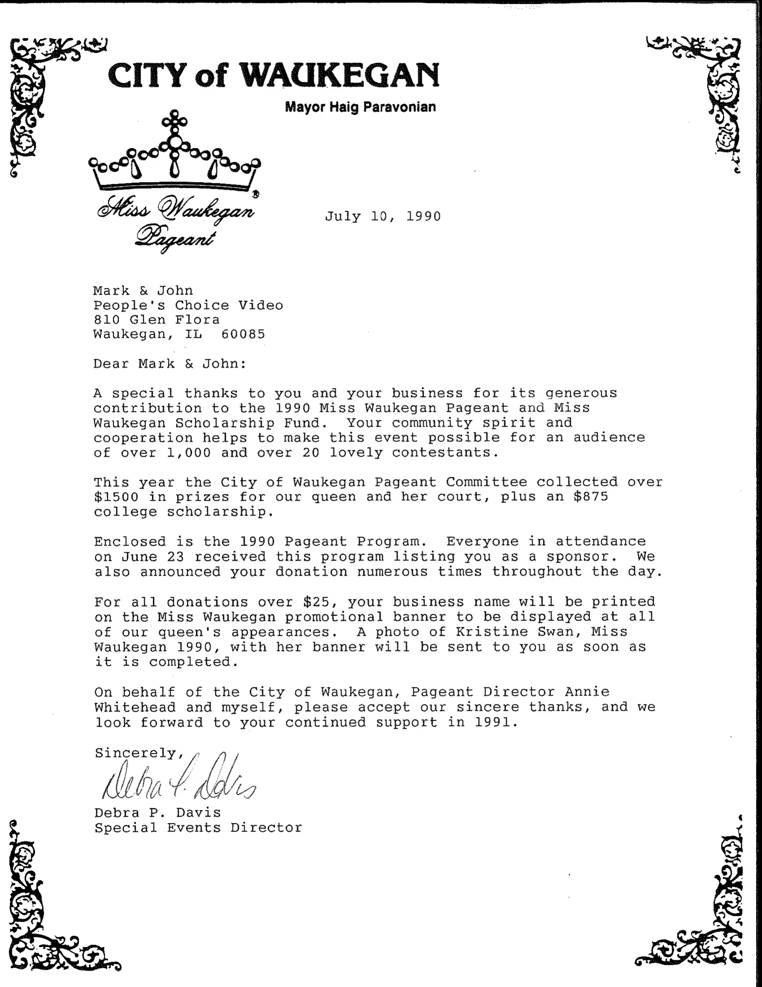 A July 10, 1990 City of Waukegan Miss Waukegan Pageant letter thanking People’s Choice Video for its contribution to the pageant and scholarship fund.