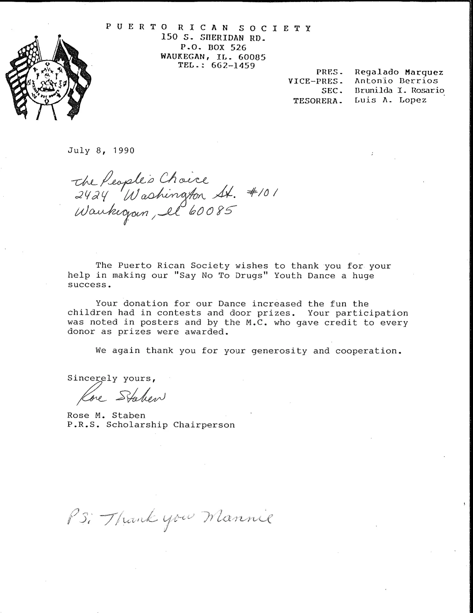 A July 8, 1990 Puerto Rican Society of Waukegan letter thanking The People’s Choice for donations to its Say No To Drugs youth dance.