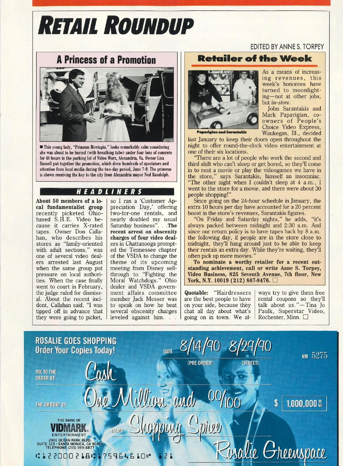 The August 1990 Video Business magazine Retail Roundup page featuring John Sarantakis and Mark Paparigian of People’s Choice Video Express as Retailer of the Week.