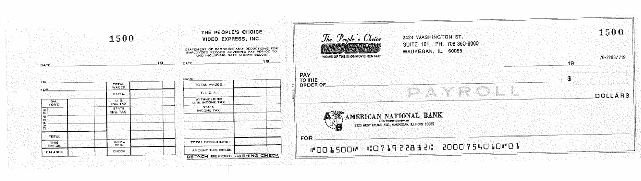 A blank 1990 payroll check for The People’s Choice Video Express.