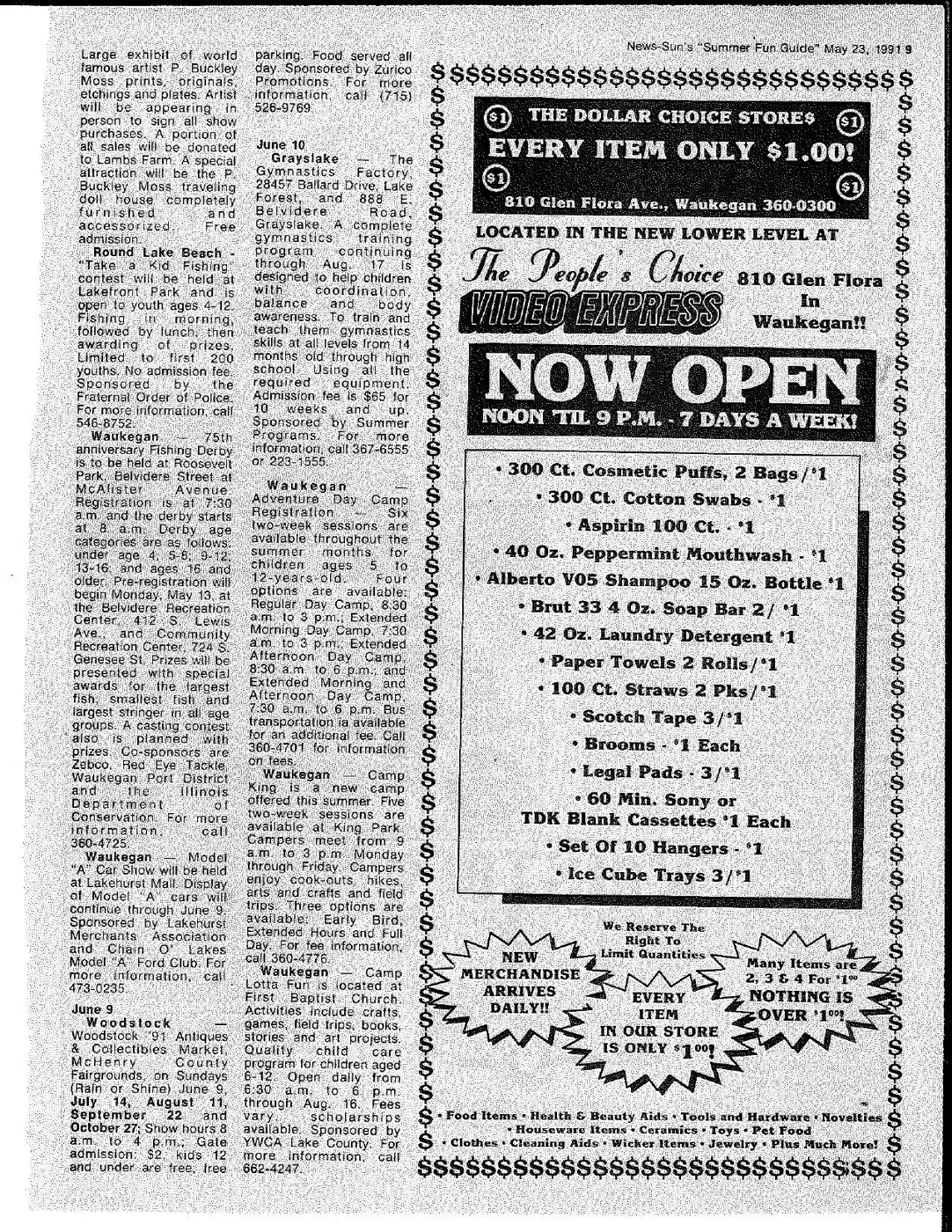 A May 23, 1991 News-Sun advertisement announcing The Dollar Choice Stores now open in the lower level of People’s Choice Video Express at 810 Glen Flora Avenue.
