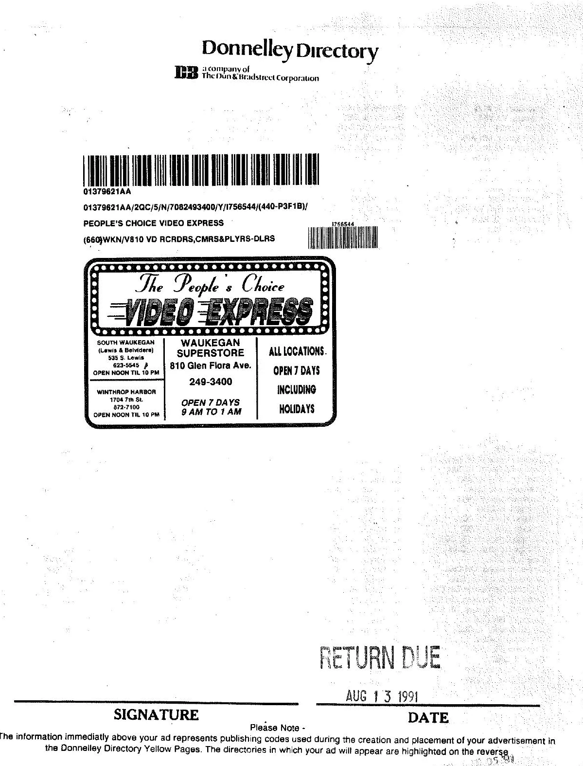 A 1991 Donnelley Directory advertising proof for The People’s Choice Video Express listing three Waukegan-area locations and hours.