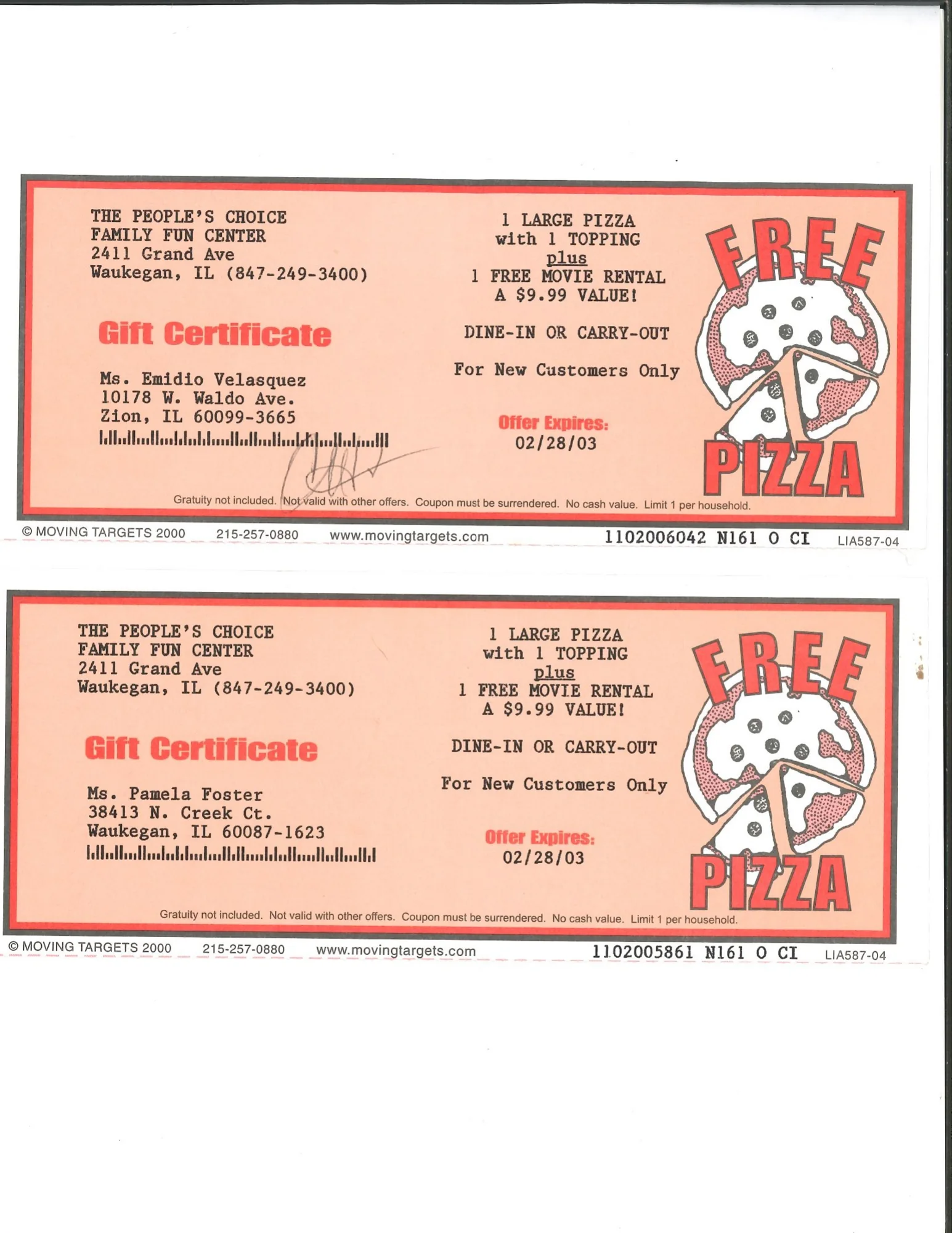 Two December 2002 Moving Targets gift certificates for The People’s Choice Family Fun Center offering a free large pizza with one topping plus a free movie rental.