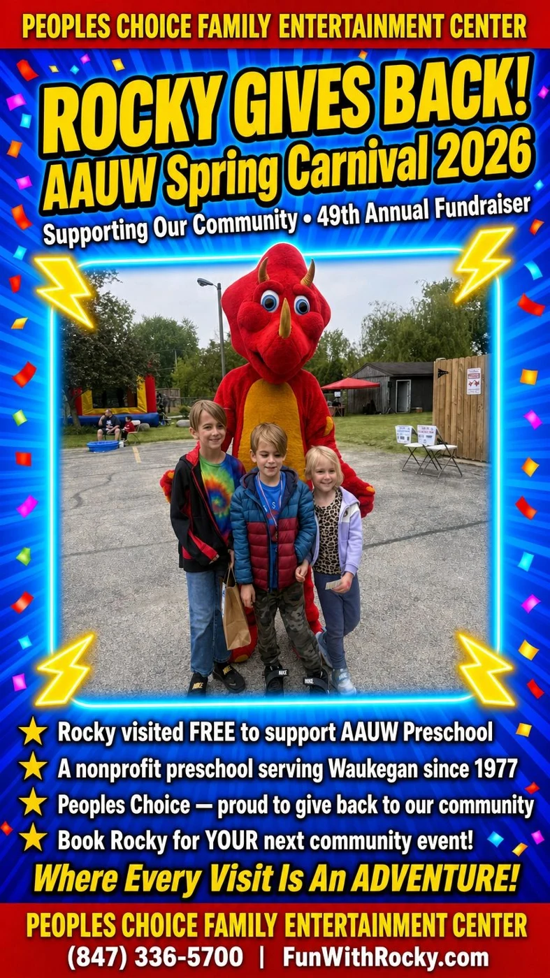 Rocky, the People’s Choice mascot, poses with three children at the AAUW Spring Carnival in April 2026.