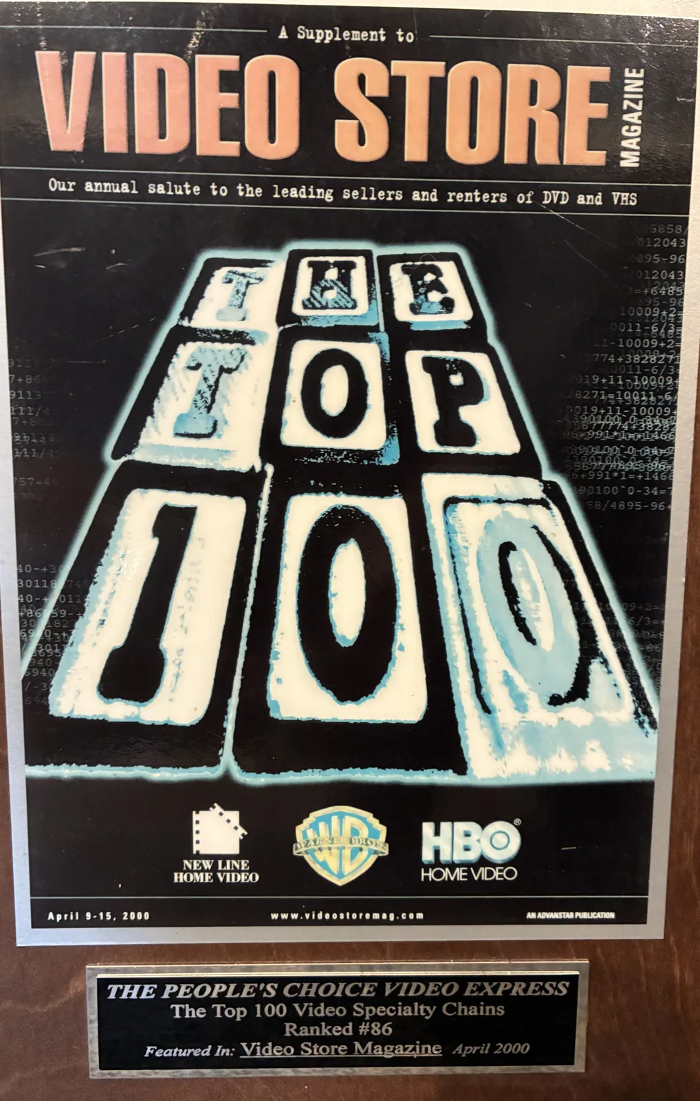 A complete April 2000 Video Store Magazine Top 100 cover and People’s Choice Video Express recognition plaque, ranked number 86.