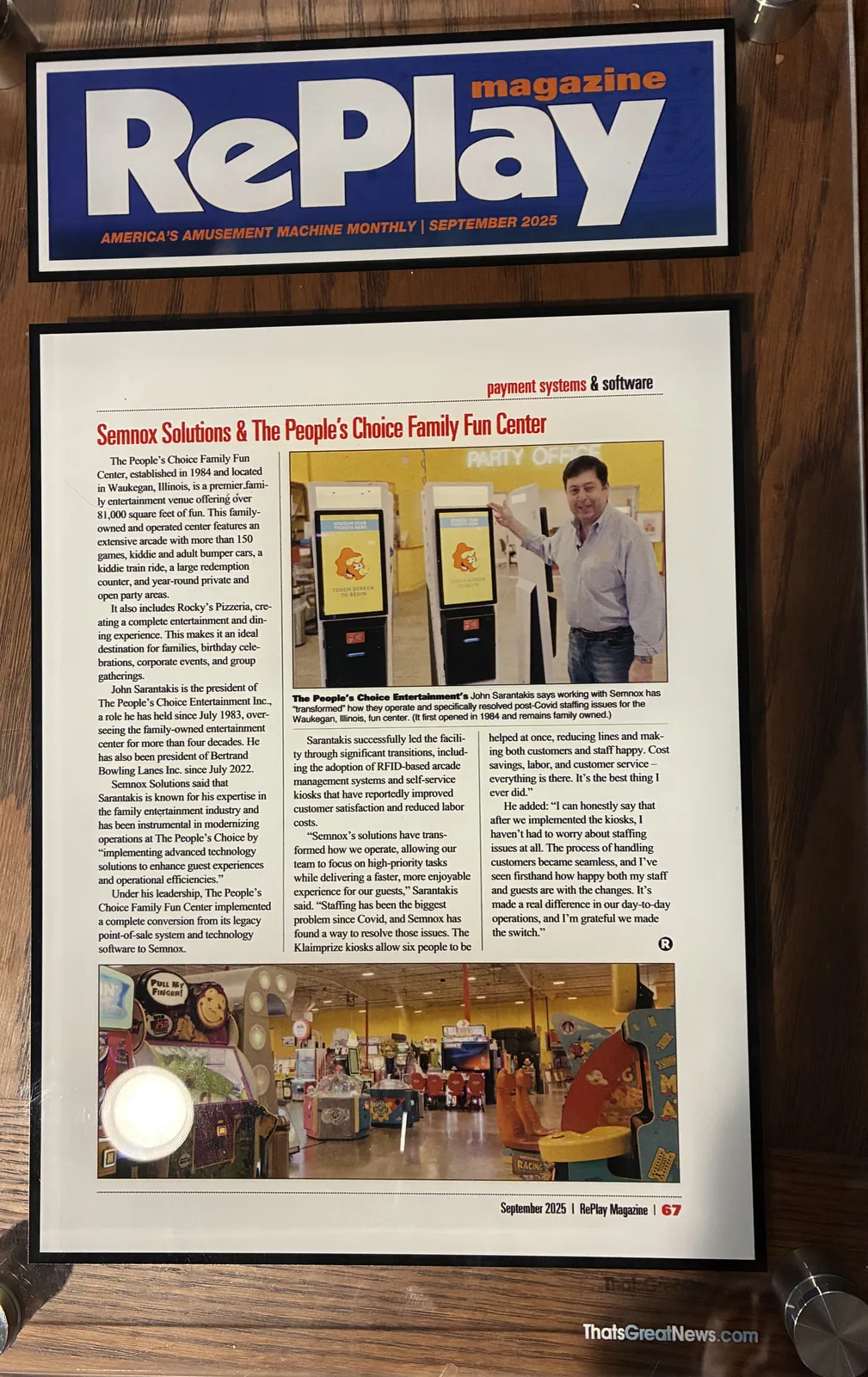 A framed September 2025 RePlay Magazine feature on Semnox Solutions and The People’s Choice Family Fun Center, including a photograph of John Sarantakis.